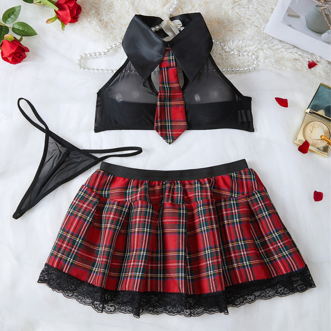 Sexy Plaid Uniform Temptation Sheer Mesh Top & Mini Skirt Lingerie Set