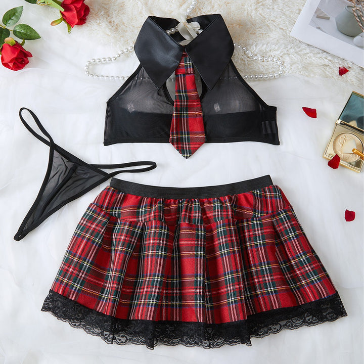 Sexy Plaid Uniform Temptation Sheer Mesh Top & Mini Skirt Lingerie Set