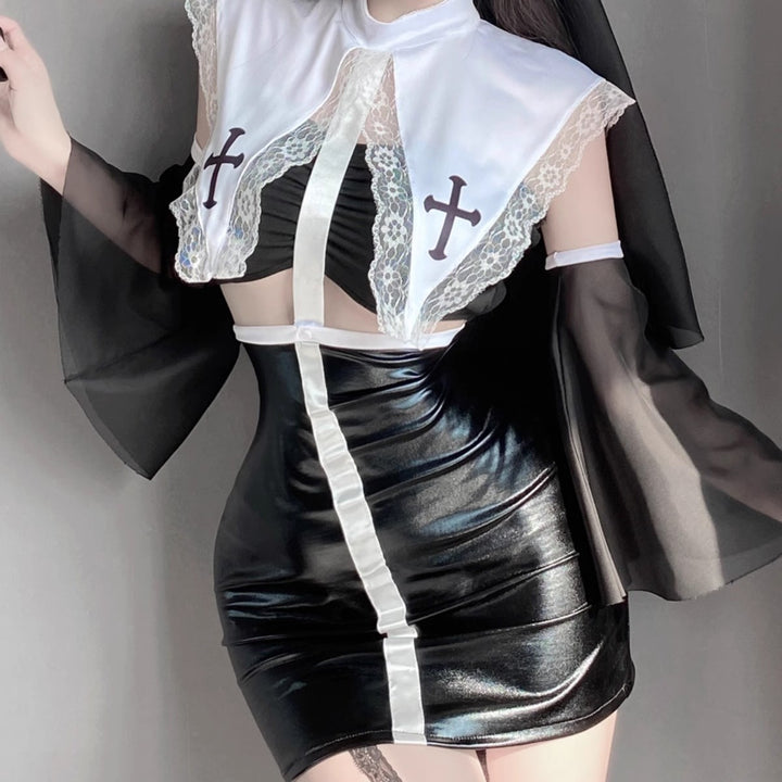 Erotic Lingerie Nun Costume Role Play Slim Fit Patent Leather Hip-Hugging Skirt Set