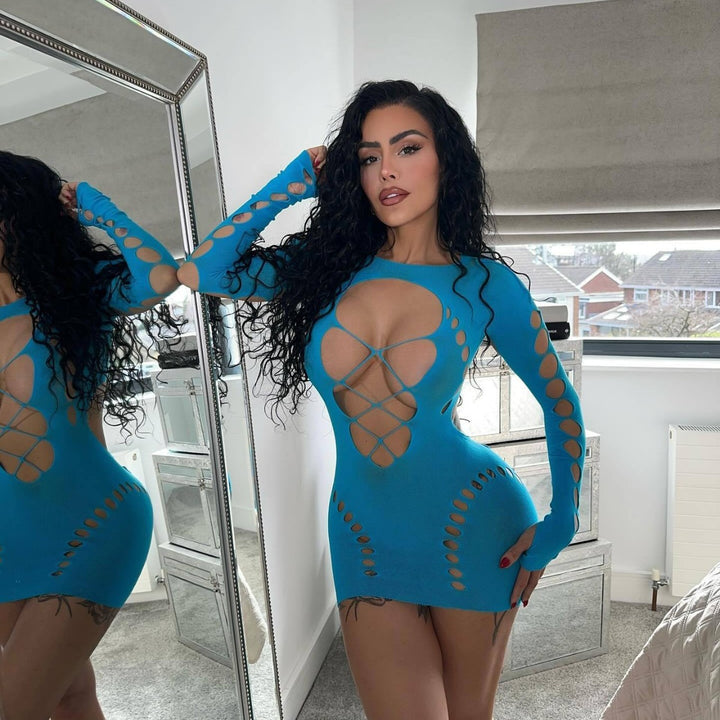 Sexy cut-out bodycon fishnet mini dress with daring bust detail