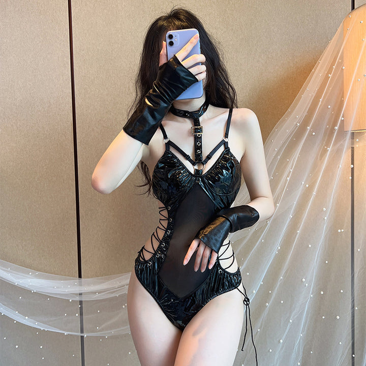Bondage Strappy Faux Leather BDSM Lingerie Bodycon Uniform Set