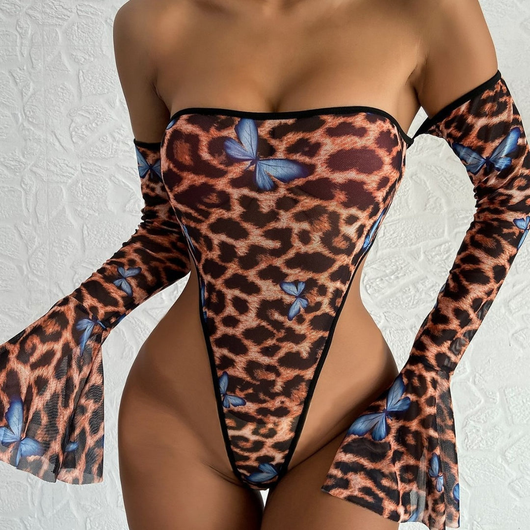 Couples Fun Lingerie, Sexy Leopard Print Long Sleeve One-Piece Bodysuit