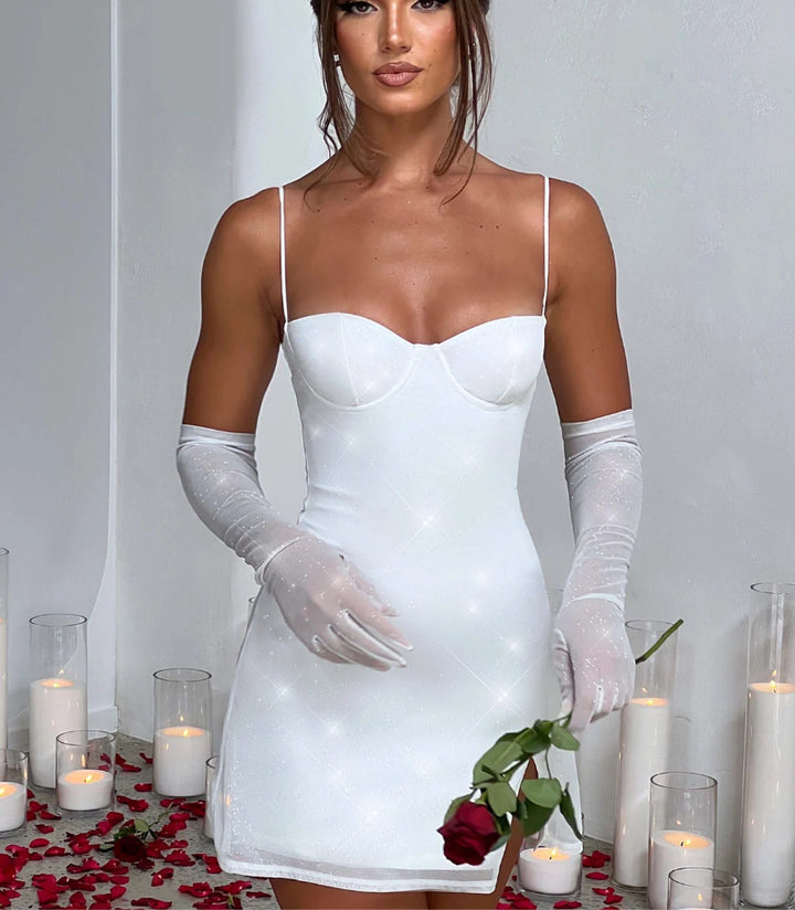 Sexy Spaghetti Strap Slim-Fit Slit Elegant Shimmering Dress With Gloves