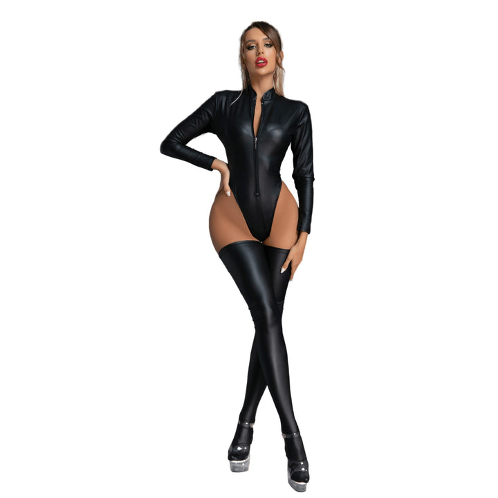 Seductive Patent Leather Catwoman Bodysuit with Matching Stockings Set