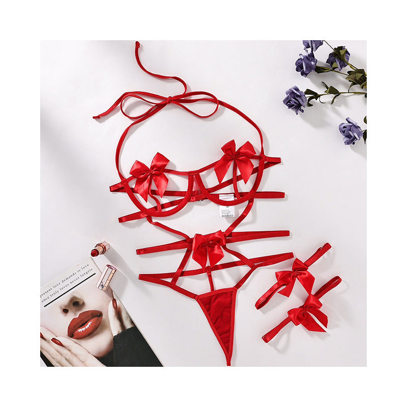 Erotic Lingerie Bow Halter Strappy Cut-Out Push-Up Bodysuit
