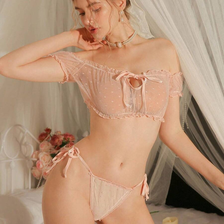 Sweet Polka Dot Sheer Sexy Lace-Up Spaghetti Strap Lingerie Set