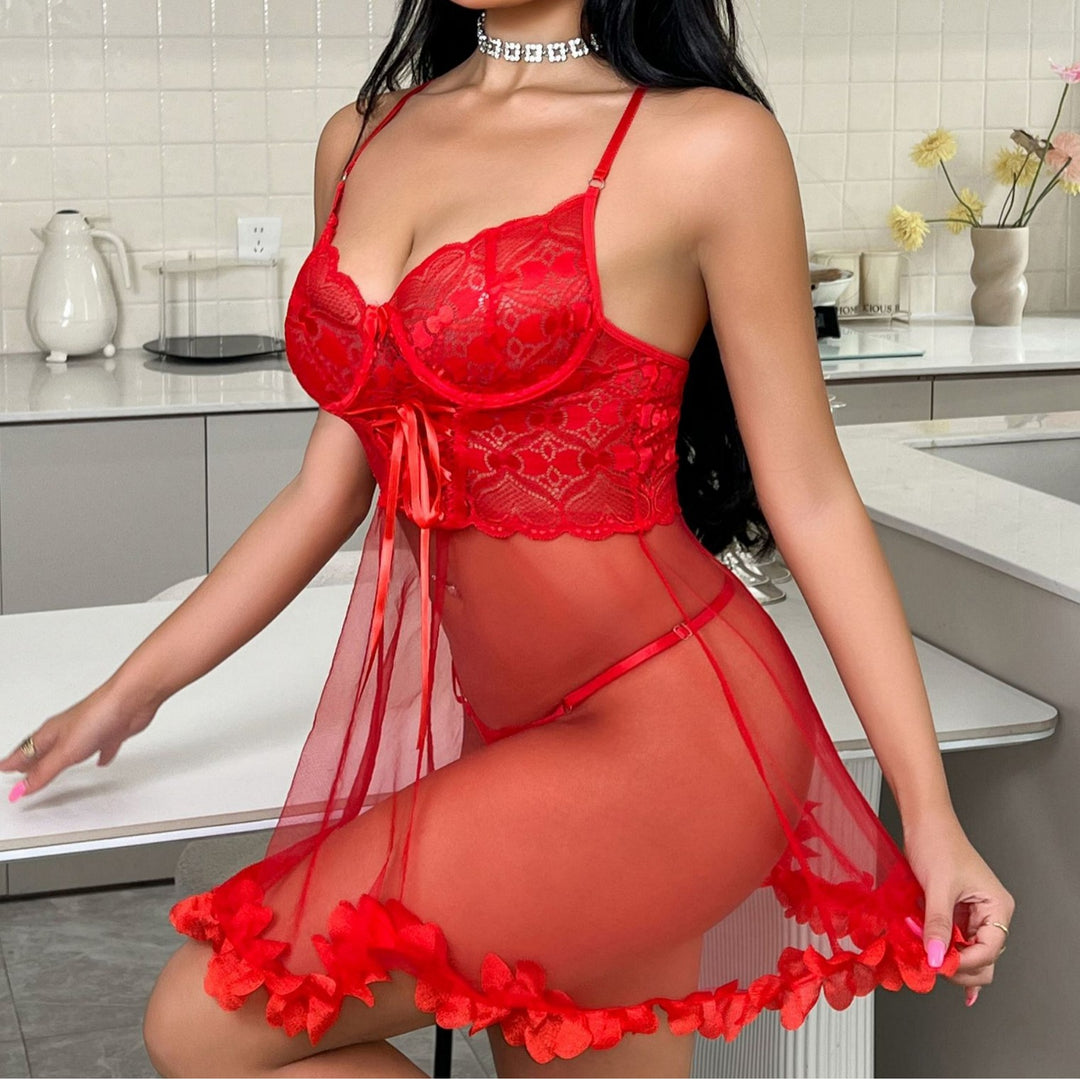 Women's Lace Mesh Sexy Babydoll Dress and Thong Set