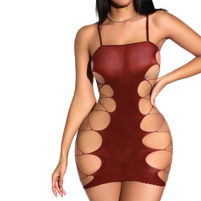 Sexy Slim-Fit Seductive Spaghetti Strap Cut-Out Fishnet Flirty Date Night Mini Dress