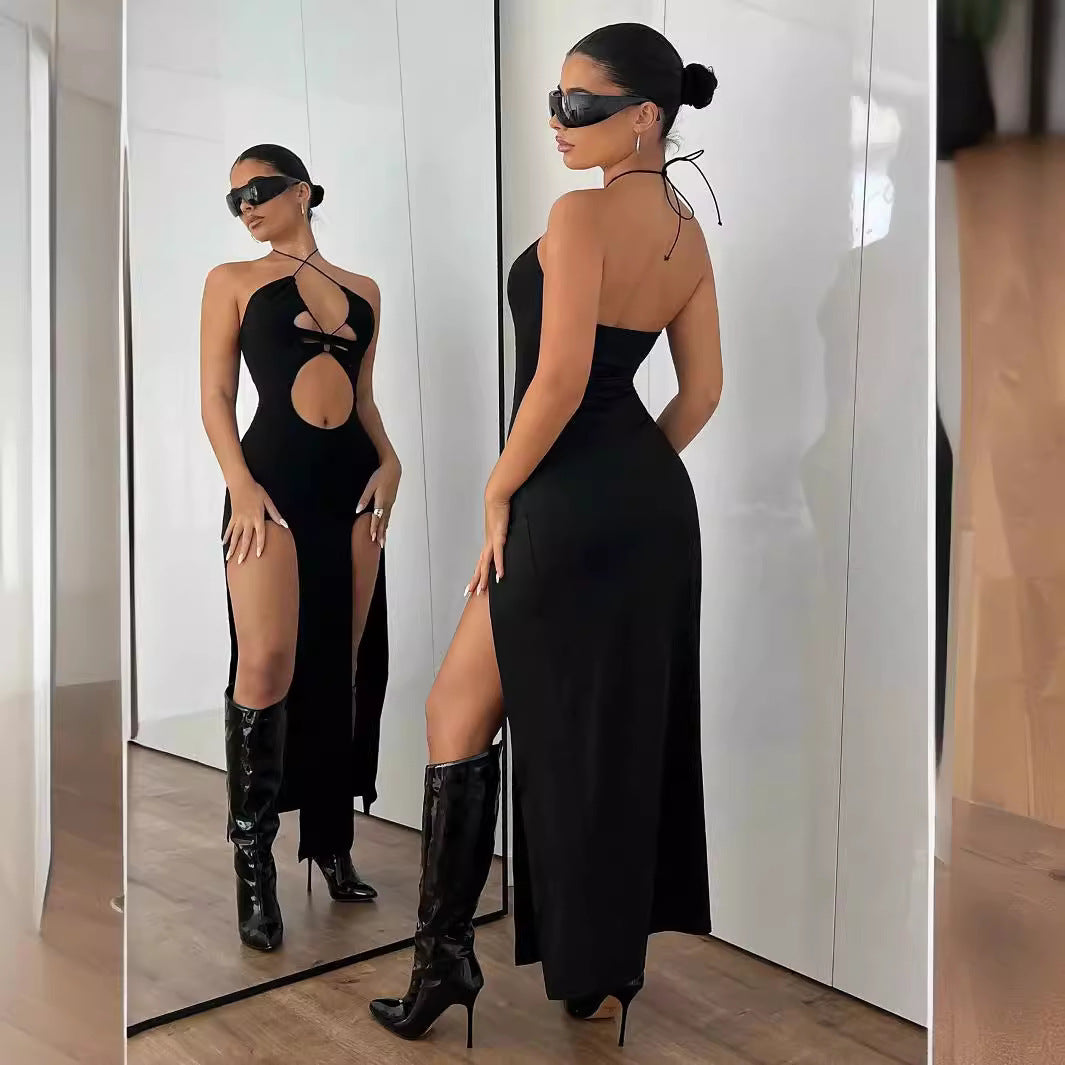 Sexy Backless Hollow-Out Midriff-Baring Slit Halter Tie-Up Dress