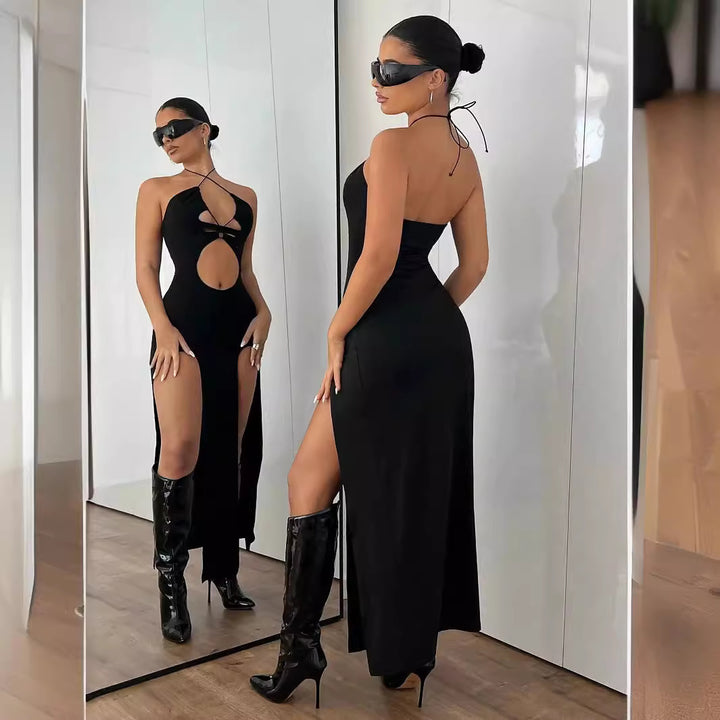 Sexy Backless Hollow-Out Midriff-Baring Slit Halter Tie-Up Dress