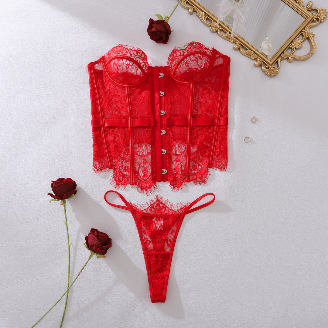 Sexy Lace Trim Slim Fit Low-Cut Strapless Lingerie Two-Piece Set
