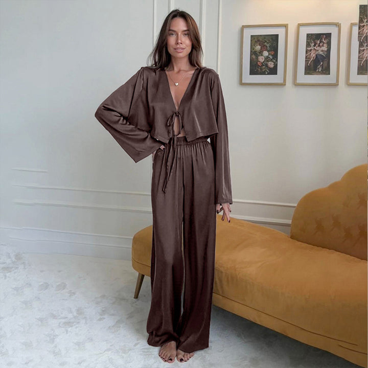 Brown Lace-Up Cardigan Long Sleeve Long Pants Pajama Set