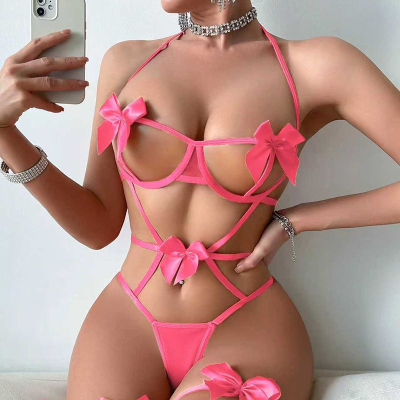 Erotic Lingerie Bow Halter Strappy Cut-Out Push-Up Bodysuit