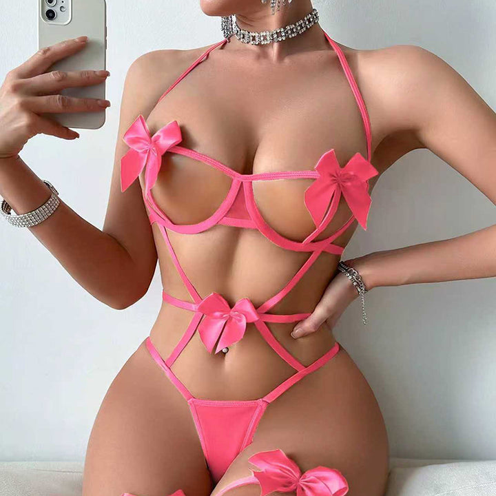 Erotic Lingerie Bow Halter Strappy Cut-Out Push-Up Bodysuit