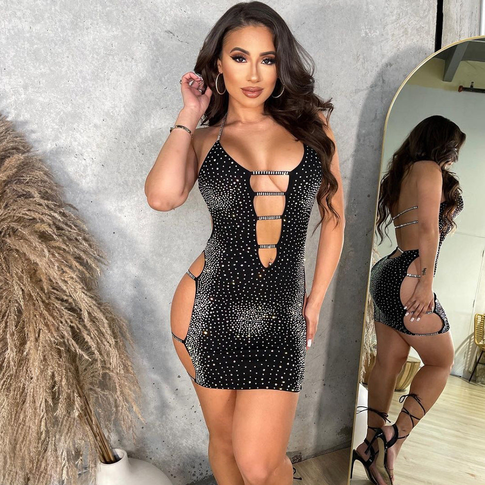 Sexy Cut-Out Backless Rhinestone Sparkly Halter Mini Dress