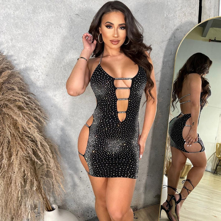 Sexy Cut-Out Backless Rhinestone Sparkly Halter Mini Dress