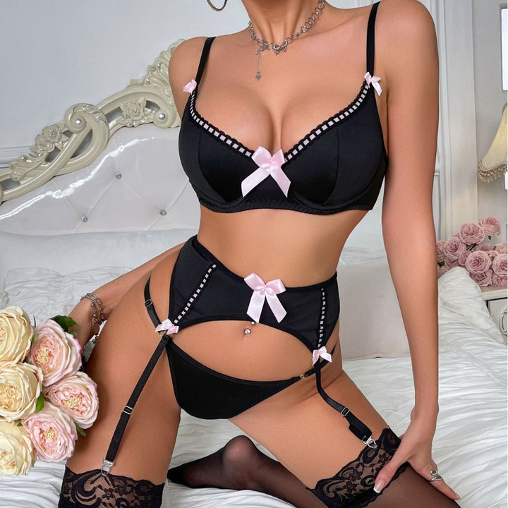 Sexy Pink Bow Push-Up Bra Thong Four-Piece Lingerie Set with Stockings