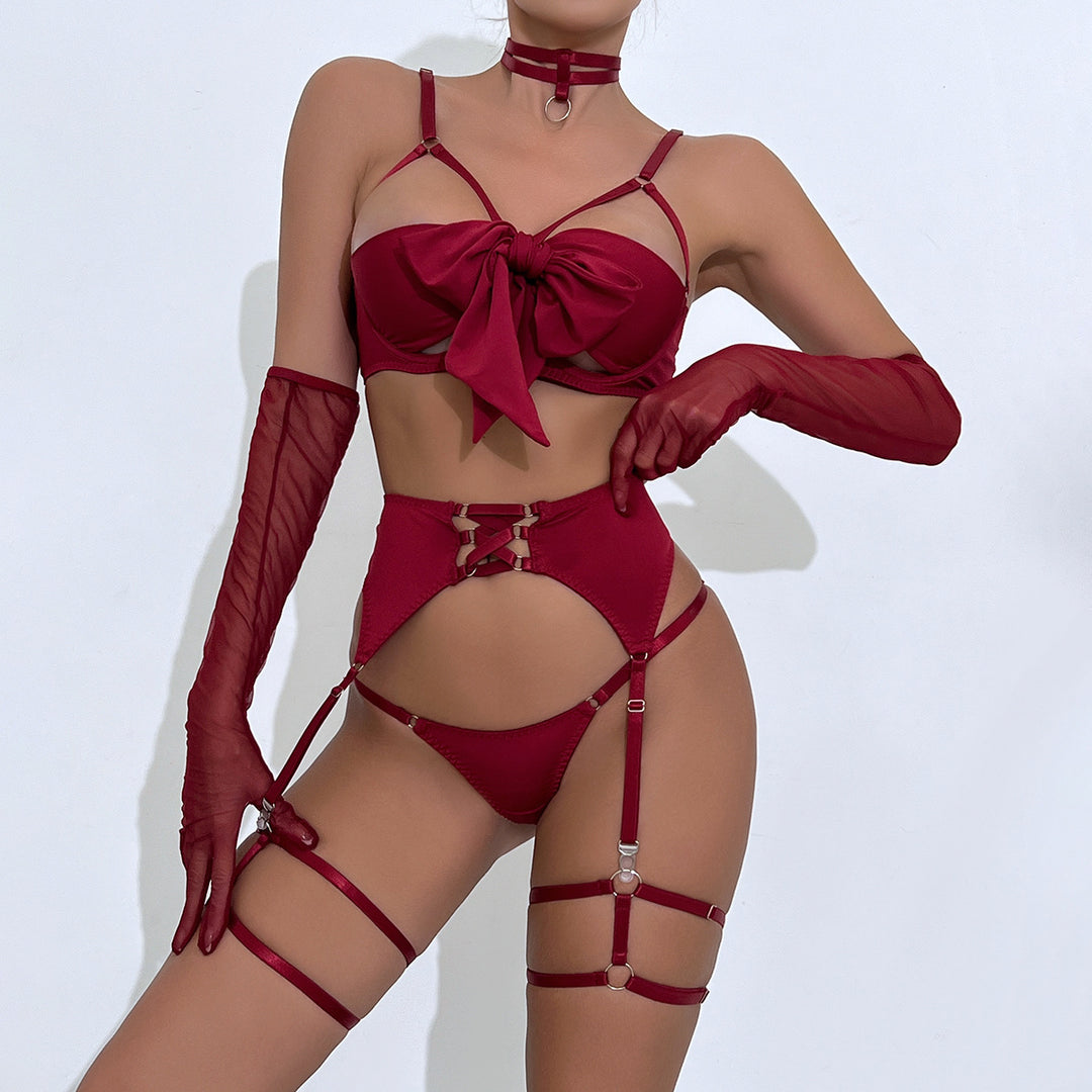 Sexy Bow Tie Strap Cut-Out High-End Lingerie Set