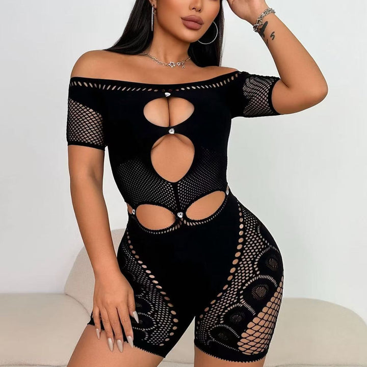 Lace Cut-Out Sheer Rhinestone Bodycon Off-Shoulder Bandeau Bodysuit