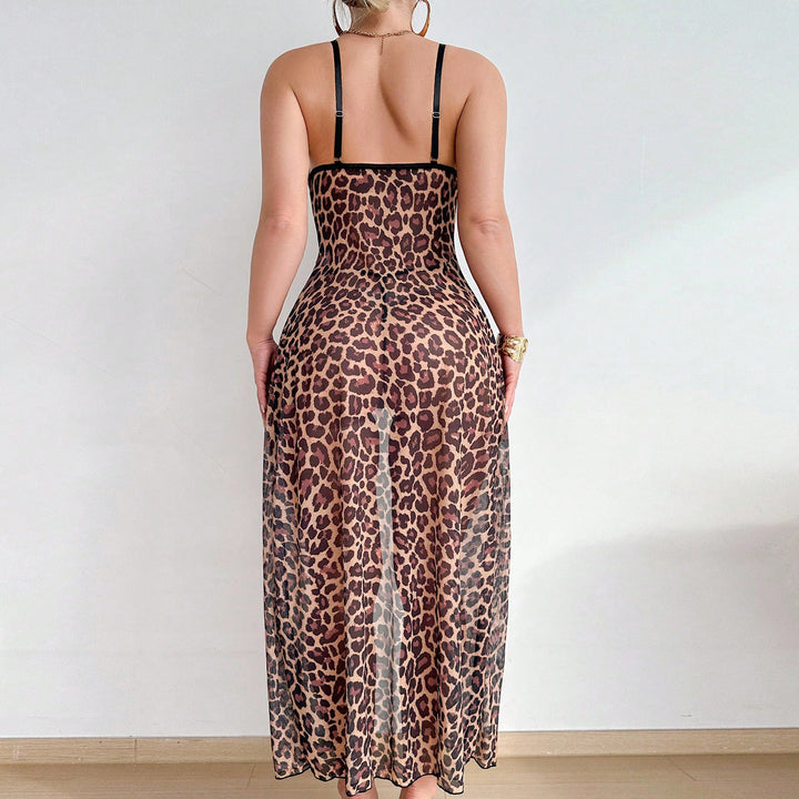 Sexy Leopard Print Sheer Lace Maxi Dress & Thong Two-Piece Set