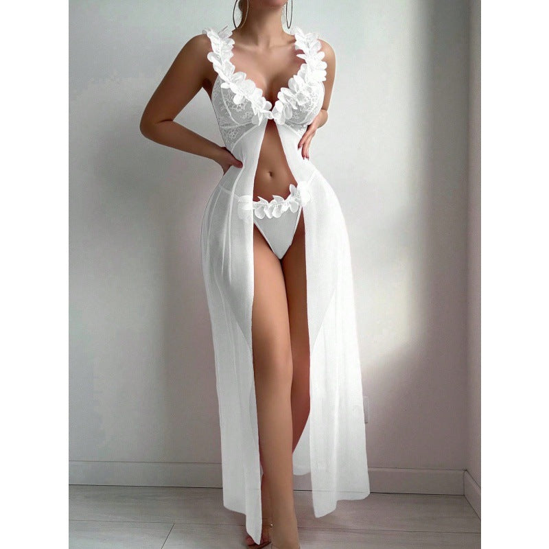 Sexy Nightdress High-slit Sheer Floral Lace Spaghetti-strap Long Dress