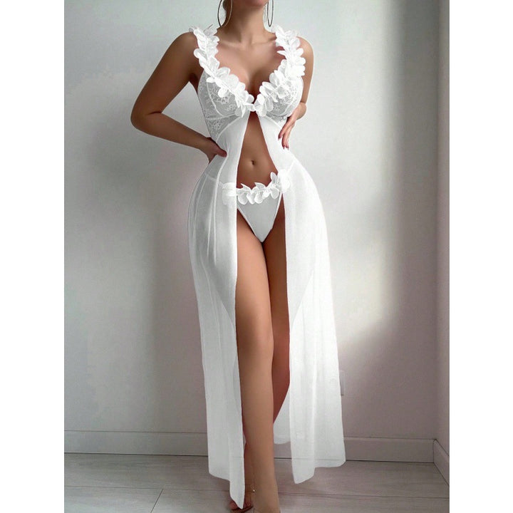 Sexy Nightdress High-slit Sheer Floral Lace Spaghetti-strap Long Dress