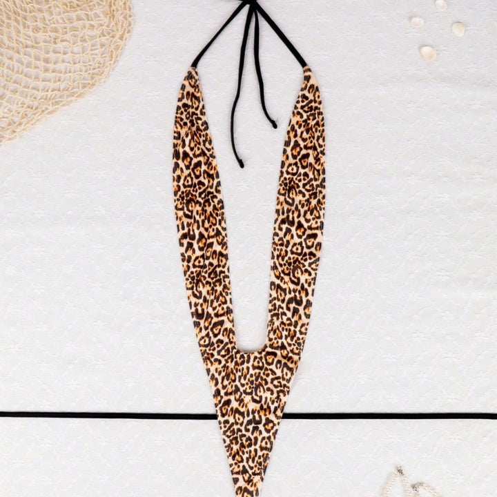 Leopard Print V-Neck Backless Tie-Up Bodysuit Lingerie