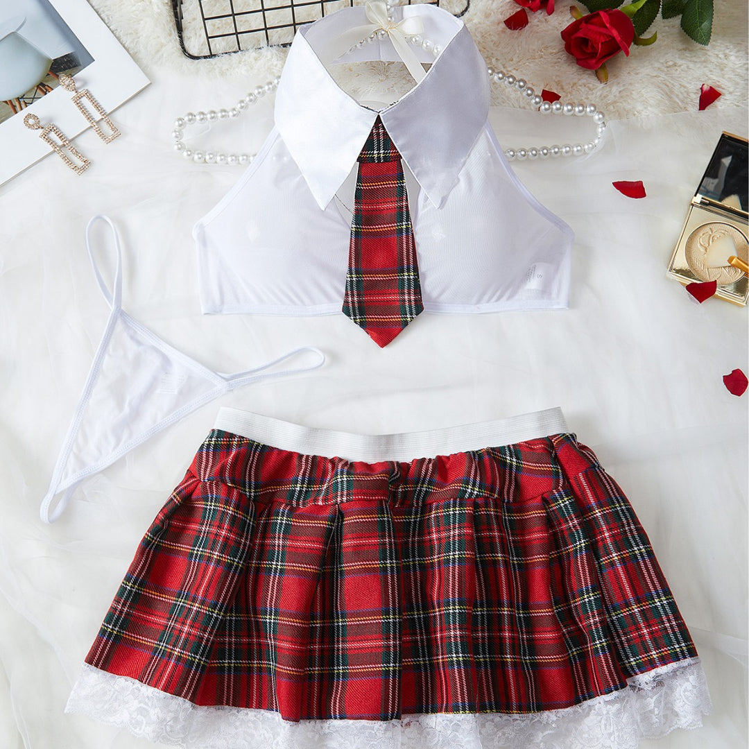 Sexy Plaid Uniform Temptation Sheer Mesh Top & Mini Skirt Lingerie Set