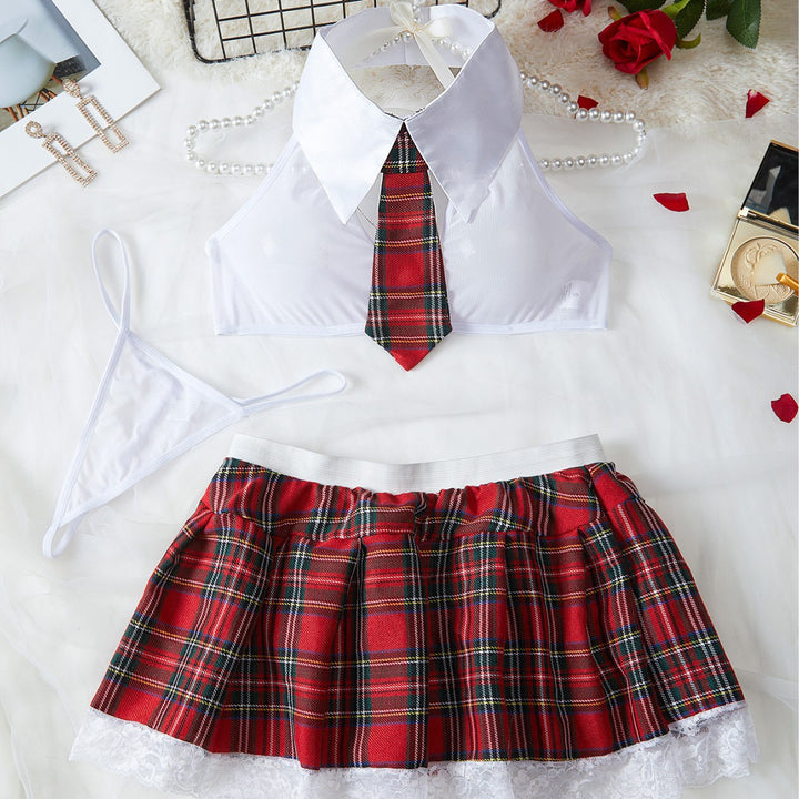 Sexy Plaid Uniform Temptation Sheer Mesh Top & Mini Skirt Lingerie Set