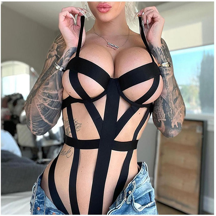 Sexy Hollow Strappy Bondage-Style One-Piece Bodysuit Set