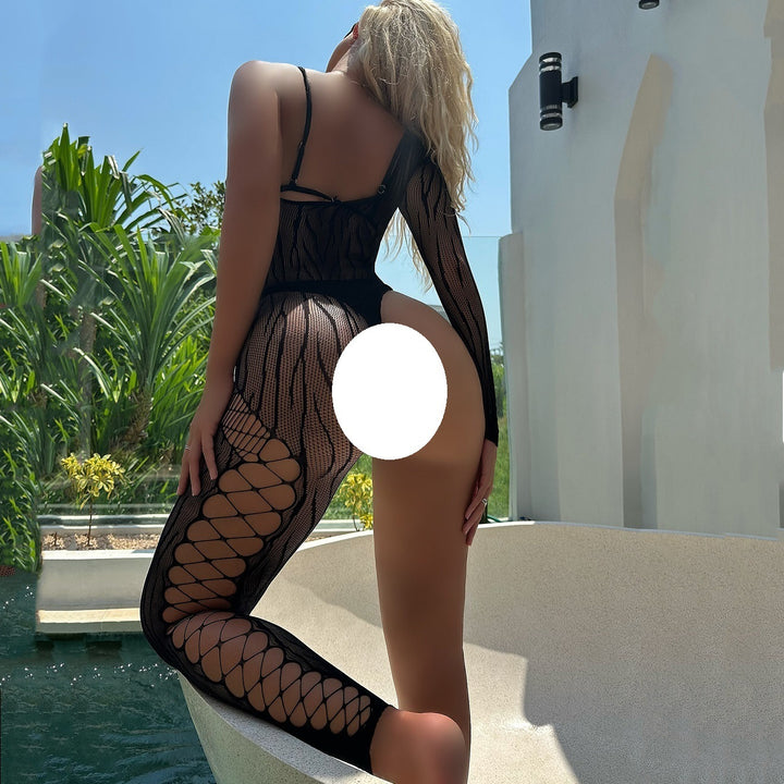 Sexy Lingerie Sheer Hollow Out One Sleeve One Leg Asymmetrical Striped Bodystocking