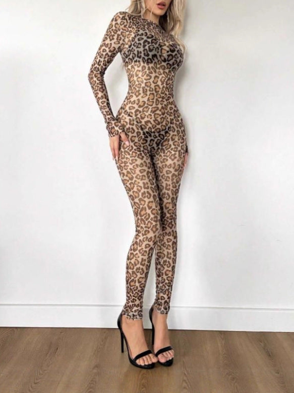 Sexy Hot Girl Leopard Print Sheer Bodycon Hip-Hugging Long Sleeve Bodysuit