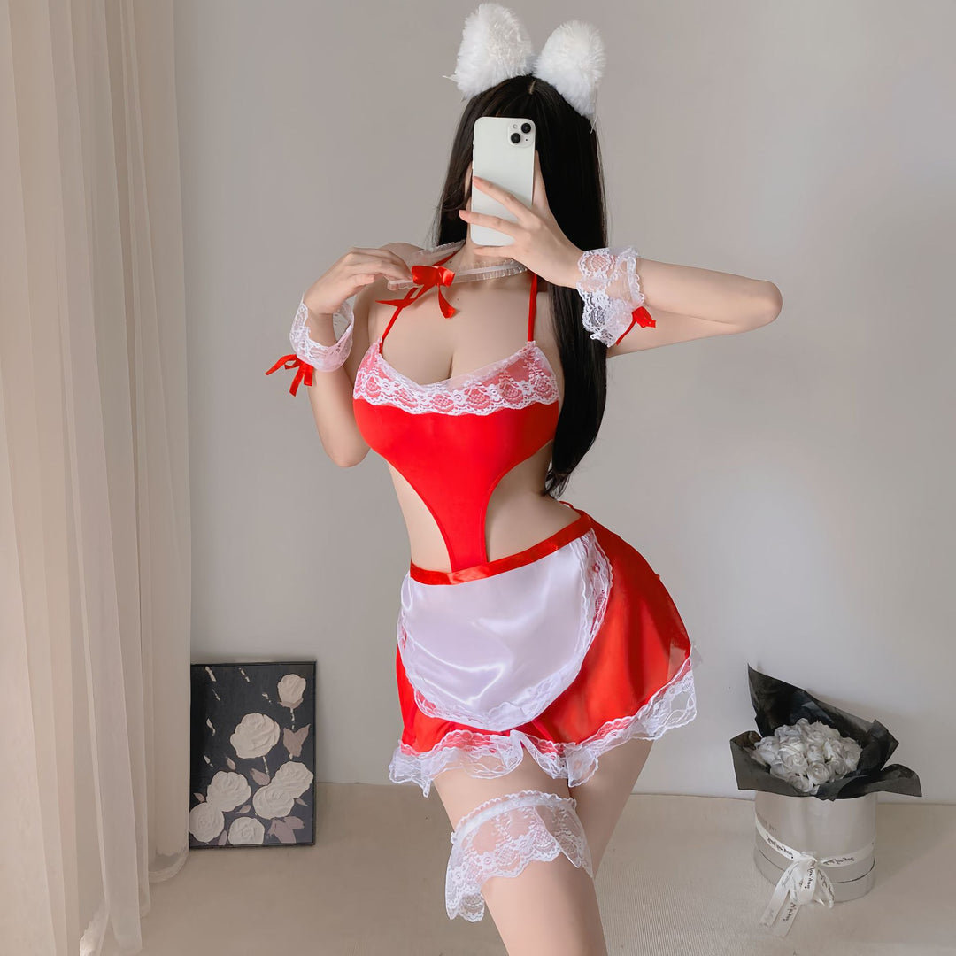 Sexy Lace Bow Trim Backless Maid Apron Bodysuit Lingerie Uniform Set