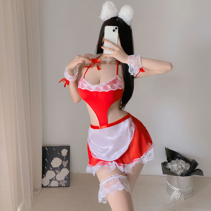 Sexy Lace Bow Trim Backless Maid Apron Bodysuit Lingerie Uniform Set
