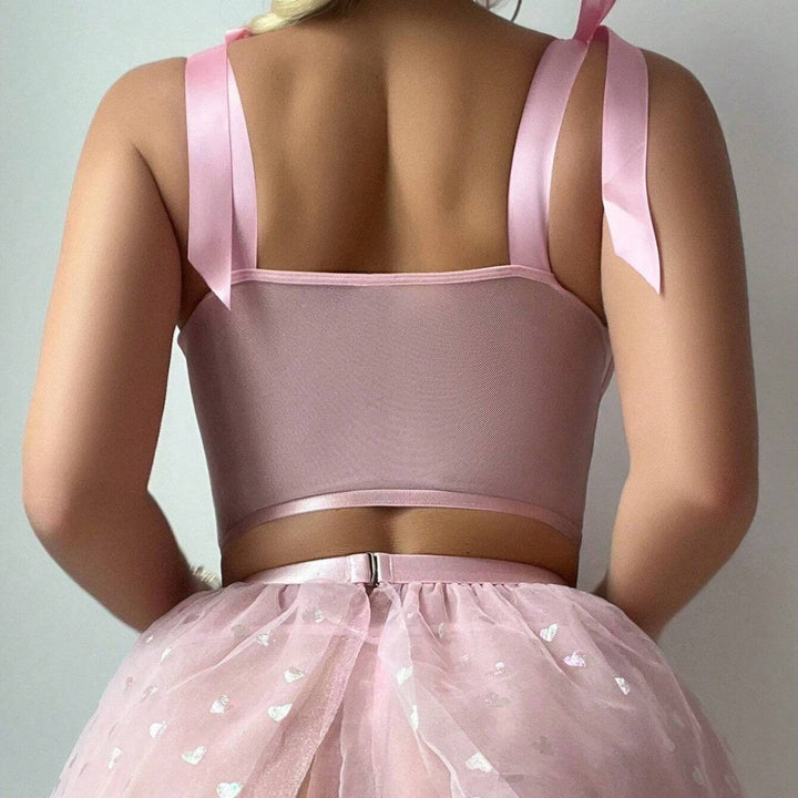 Sexy Floral Bow Knot Strappy Sheer Mesh Slit Skirt Erotic Lingerie Set