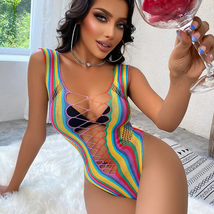 Sexy Lingerie, Open Chest, Tight Rainbow One-Piece Mesh