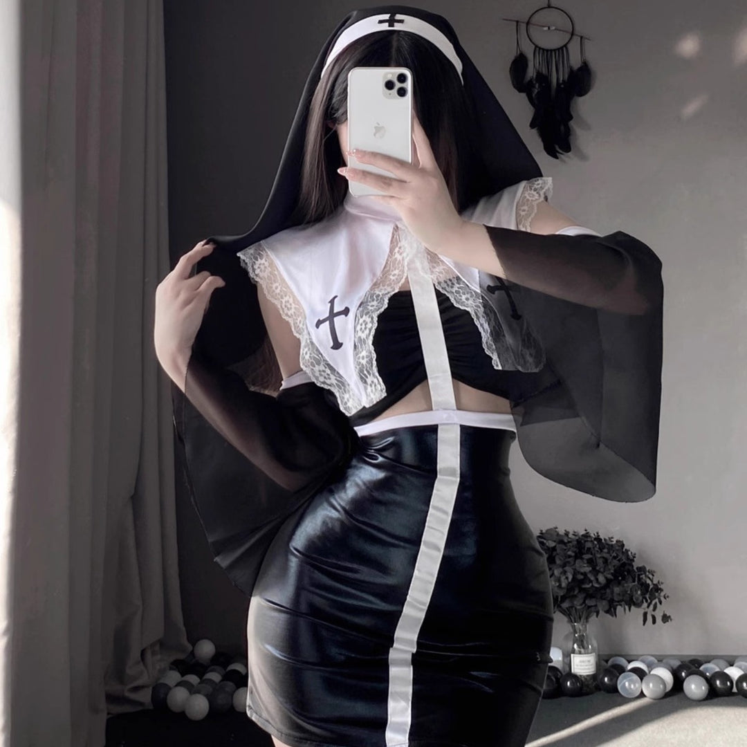Erotic Lingerie Nun Costume Role Play Slim Fit Patent Leather Hip-Hugging Skirt Set