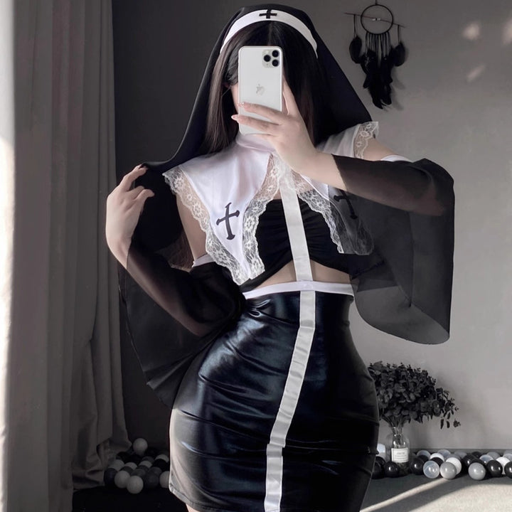 Erotic Lingerie Nun Costume Role Play Slim Fit Patent Leather Hip-Hugging Skirt Set