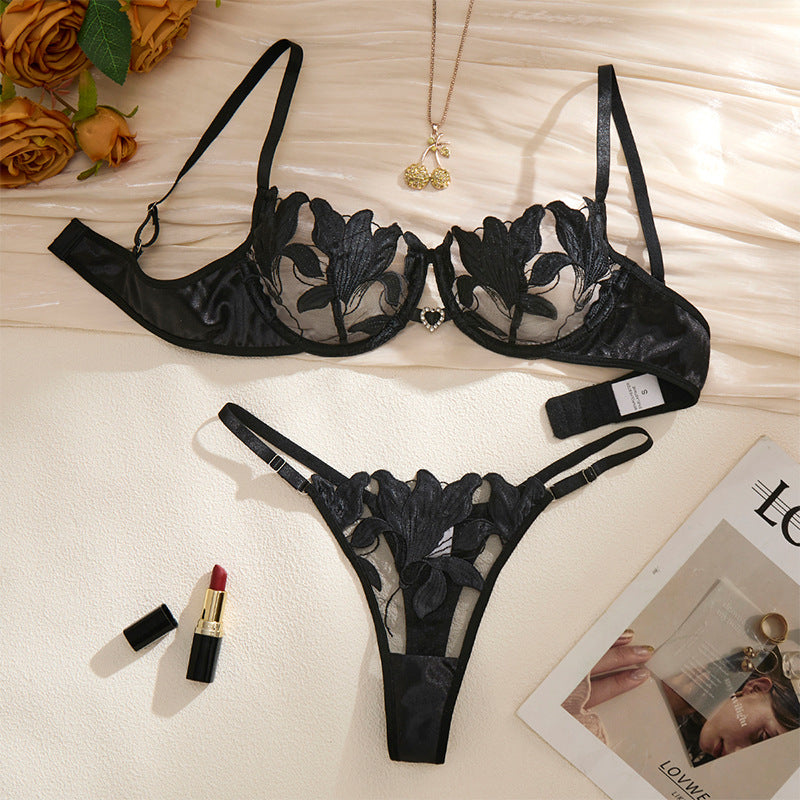 Satin Floral Lace Lingerie Set - Sexy Push Up Bra & Panty