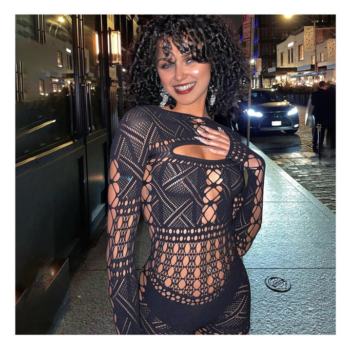 Sexy White Crochet Lace Bodysuit – Long Sleeve Cutout Romper