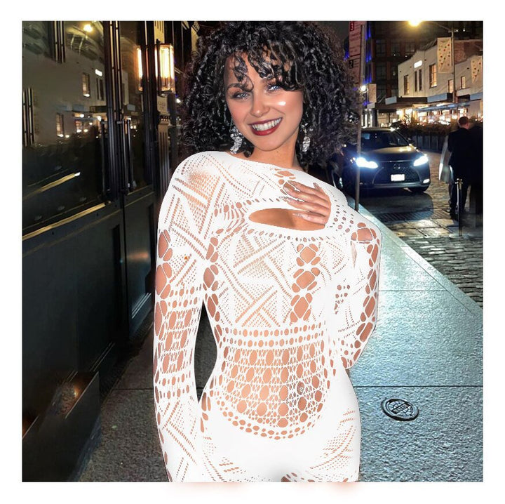 Sexy White Crochet Lace Bodysuit – Long Sleeve Cutout Romper