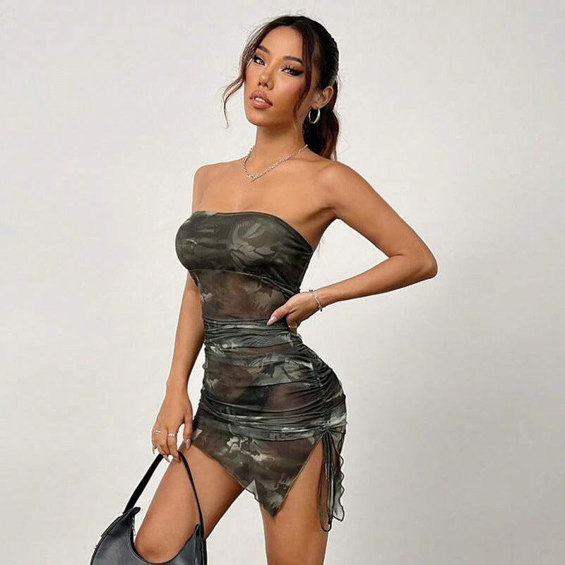 Strapless Brown Marble Print Bodycon Dress