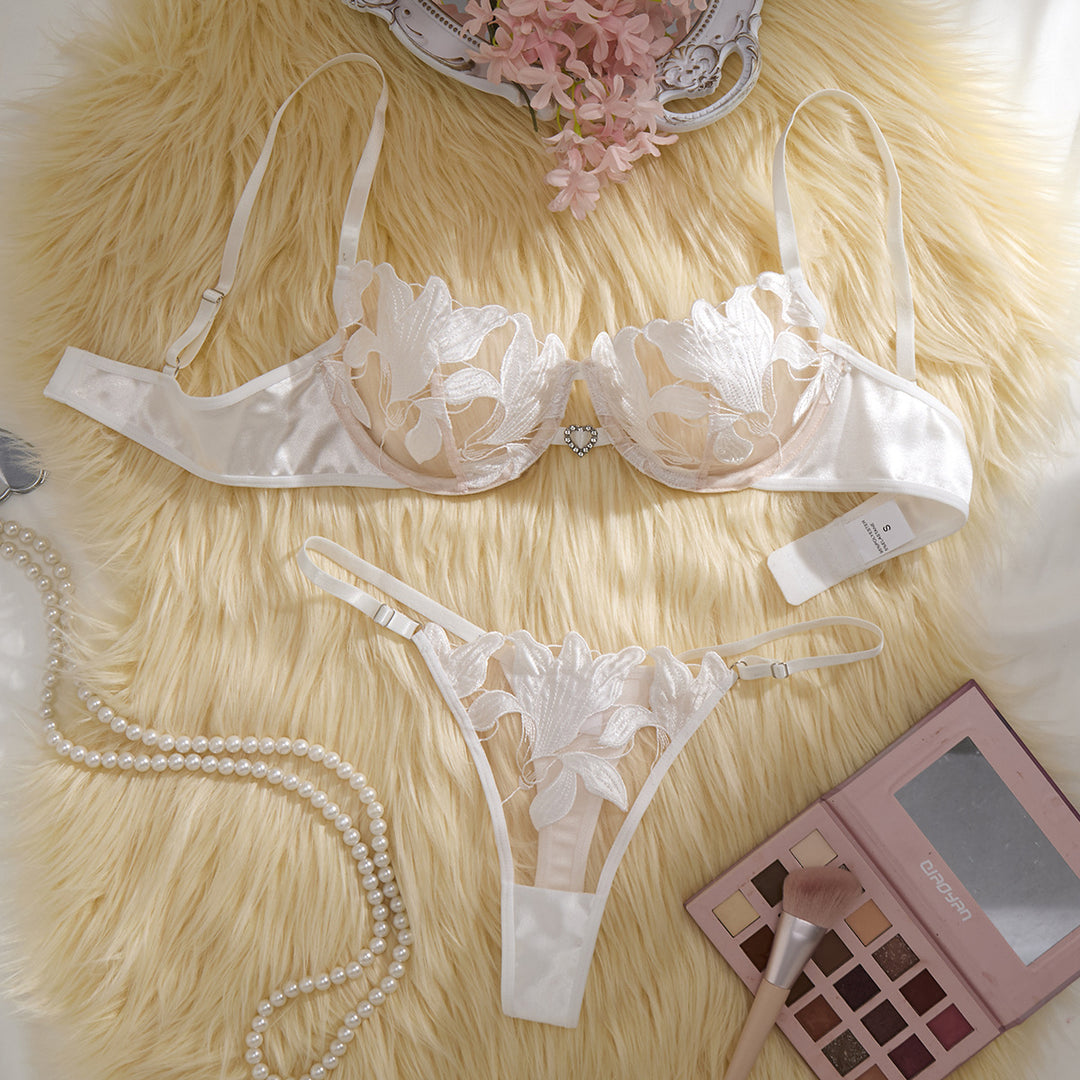 Satin Floral Lace Lingerie Set - Sexy Push Up Bra & Panty