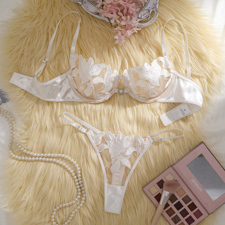 Satin Floral Lace Lingerie Set - Sexy Push Up Bra & Panty